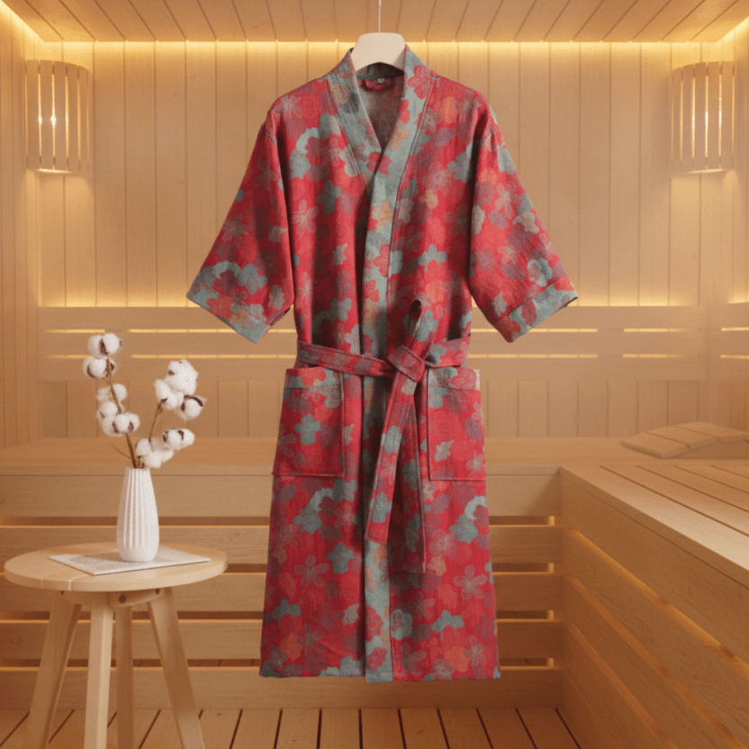 Kimono Bathrobe, Gauze Cotton Dressing Gown with Waist Tie, Reversible Kimono Robe for Loungewear, Cotton House Coat_04