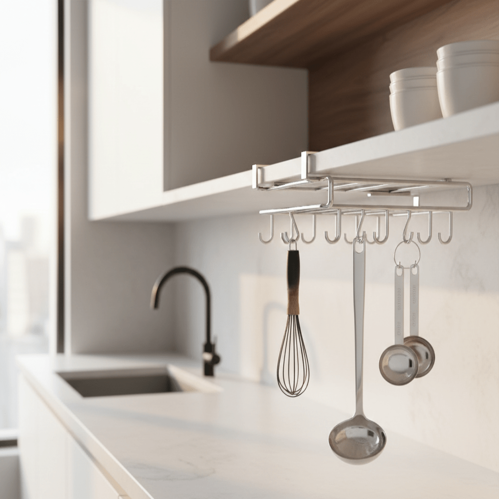 Kitchen Wall Shelf with Hooks, Stainless Steel Kitchen Shelves, Kitchen Utensil Holder, Tea Towel Holder_00