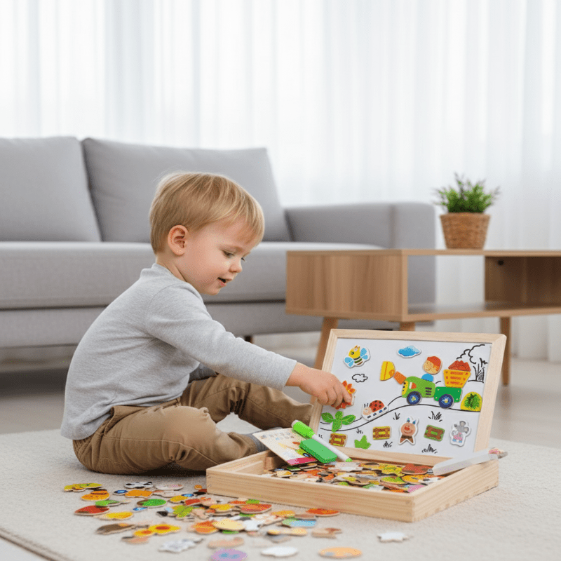 Magnetic Board and Chalkboard for Kids, Childrens Drawing Board 2 in 1, Montessori Wooden Toys with Magnetic Stickers