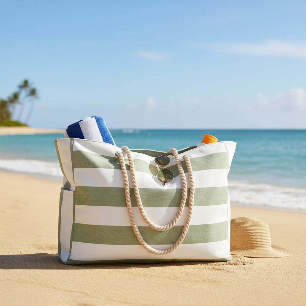 Large Beach Bag with Zip, Foldable Travel Bag with Pockets