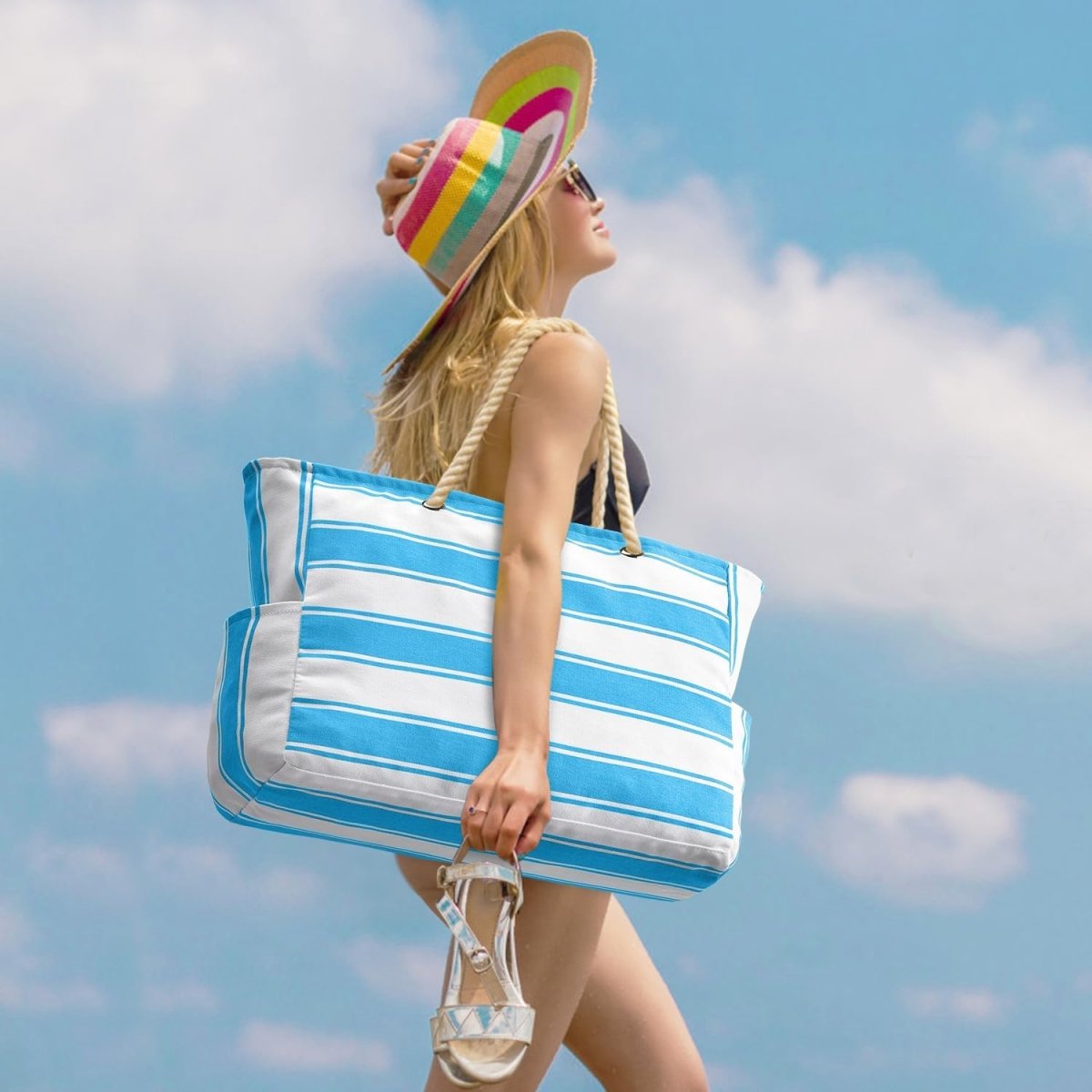 Large Beach Bag with Zip, Foldable Travel Bag with Pockets, Waterproof Gym Bag with Shoulder Straps