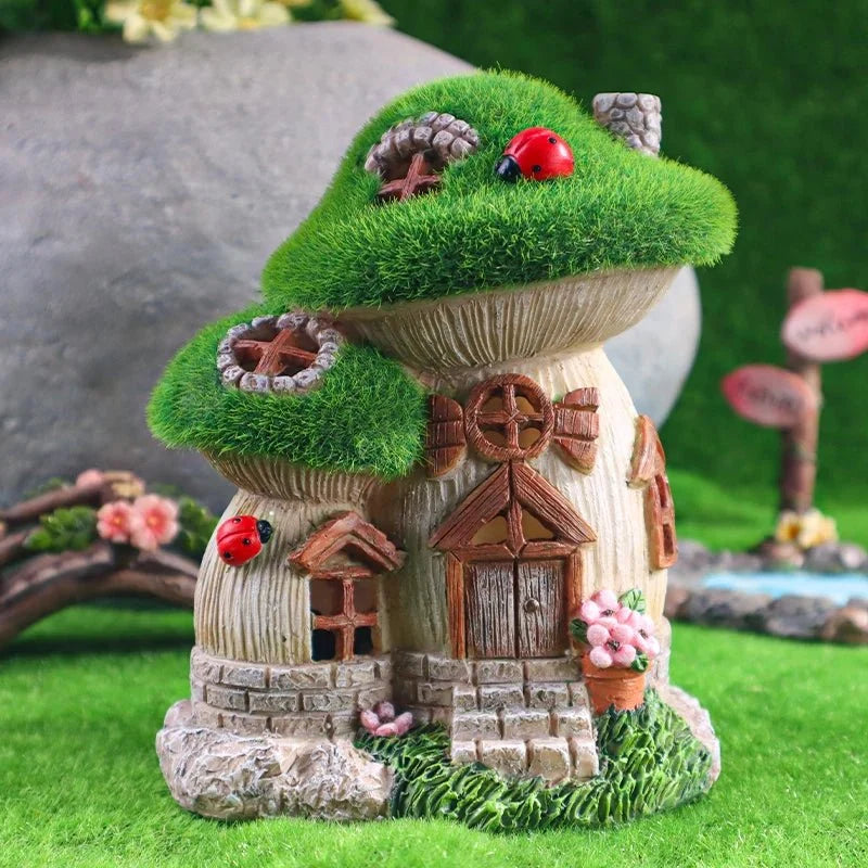 Mushroom House Garden Sculpture, Solar Garden Lights for Outdoor, Fairy House Garden Ornaments_00