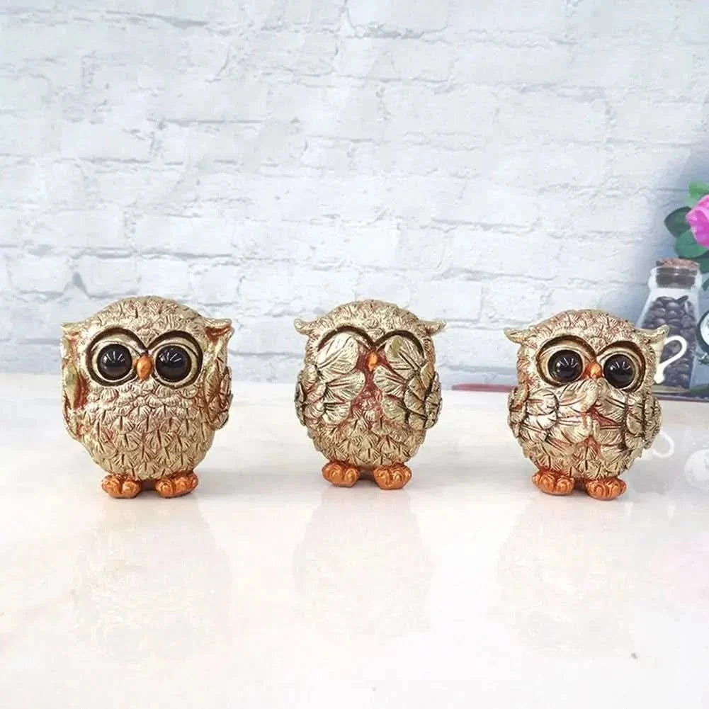 Owl Statue Antique Gold, Resin Owl Sculpture, See No Evil Hear No Evil Speak No Evil Figurine, Gold Ornaments for Shelf