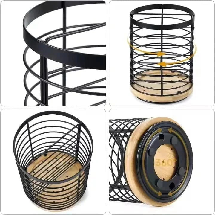 Rotating Kitchen Organiser, Lazy Susan Spice Rack for Worktop and Table, Kitchen Utensil Holder in Wood Look for Bottles_04
