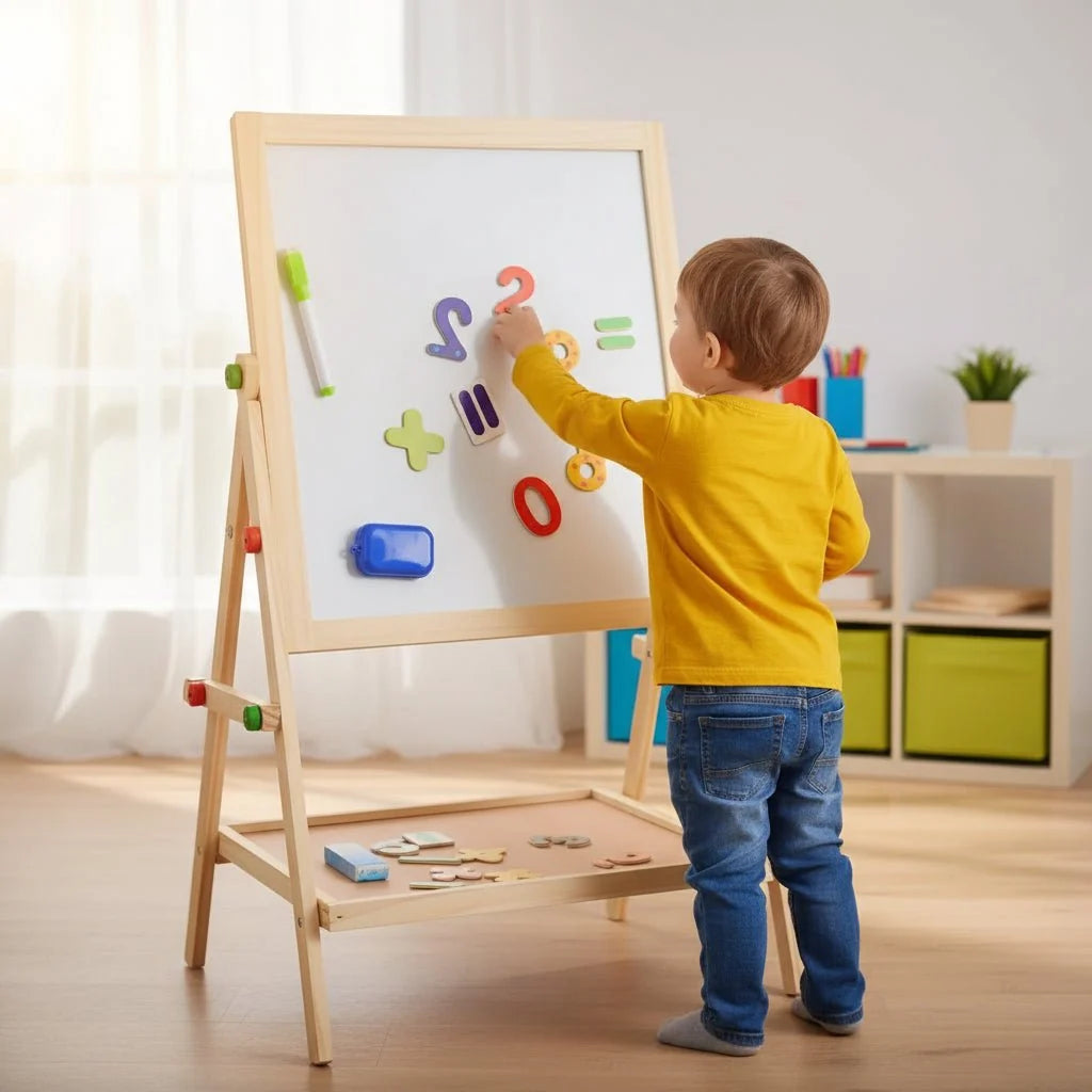 Childrens Easel, Double Sided Whiteboard and Chalkboard Easel with Wooden Frame