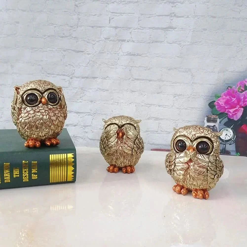 Owl Statue Antique Gold, See No Evil Hear No Evil Speak No Evil Figurine