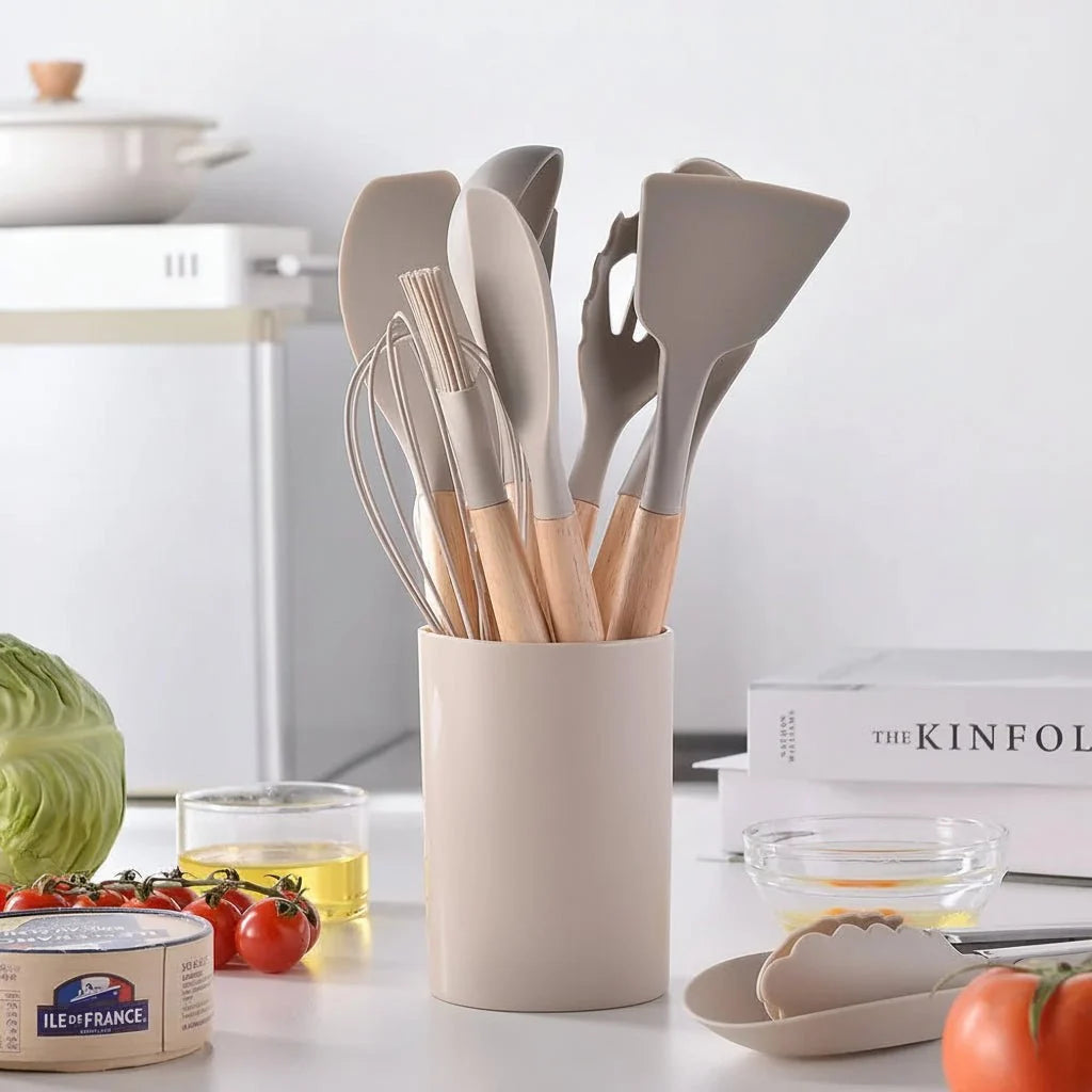 Kitchen Utensils Set 14 Piece, Silicone Kitchen Utensil Set with Wooden Handles, Cooking Utensils, Silicone Spatula_14