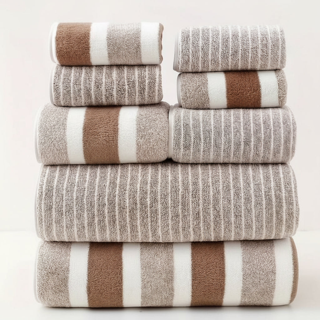 Bath Towel Set of 8, Quick Dry Striped Microfibre Towels with 2 Hand Towels and 4 Face Cloths_10