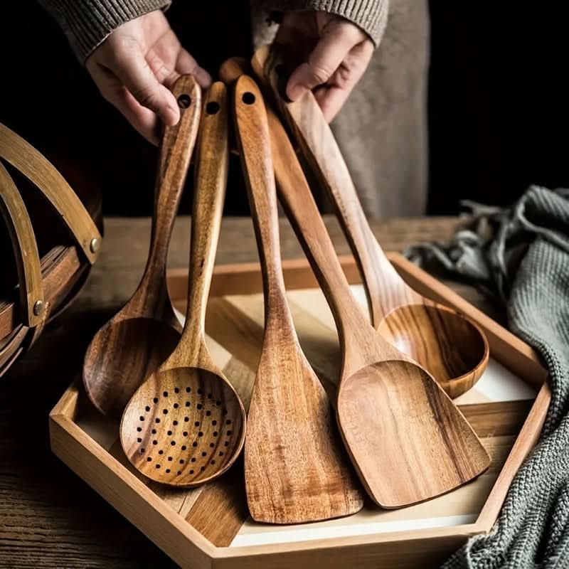 Teak Wooden Kitchen Utensil Set, Spatula, Serving Spoon, Skimmer and Fish Slice, Cooking Utensils for Non Stick Pans
