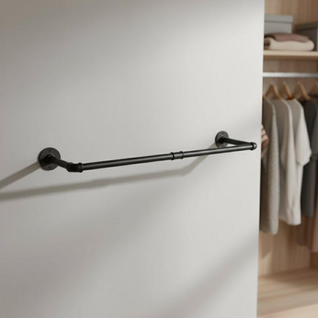 Clothes Rail Wall Mounted, Industrial Heavy Duty Clothes Rail in Black Steel Pipe, Wardrobe Rail for Bedroom and Hallway