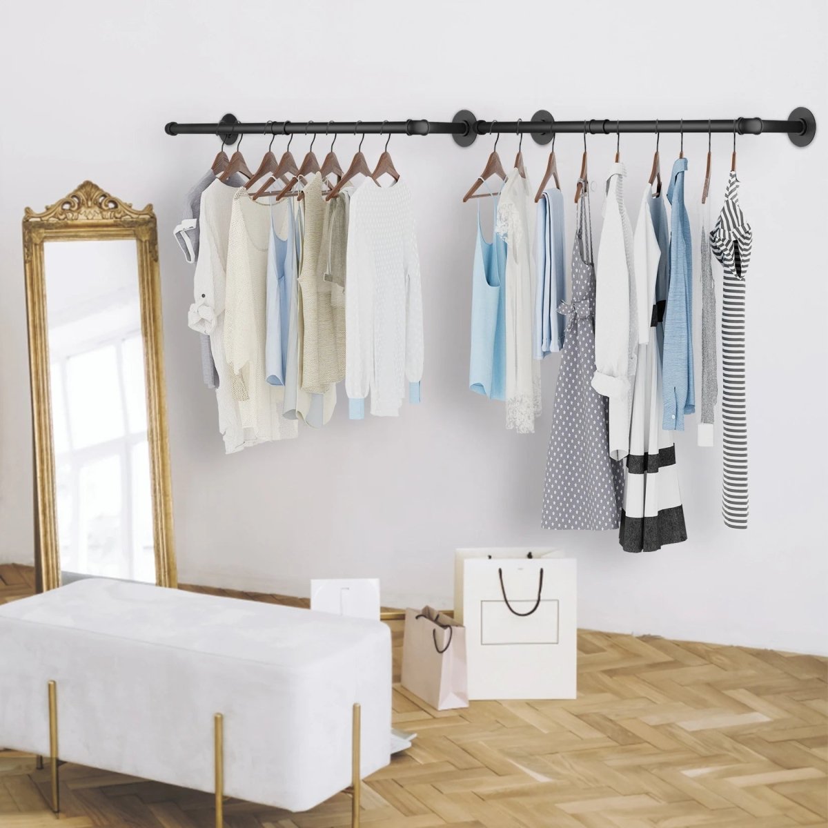 Clothes Rail Wall Mounted, Industrial Heavy Duty Clothes Rail in Black Steel Pipe