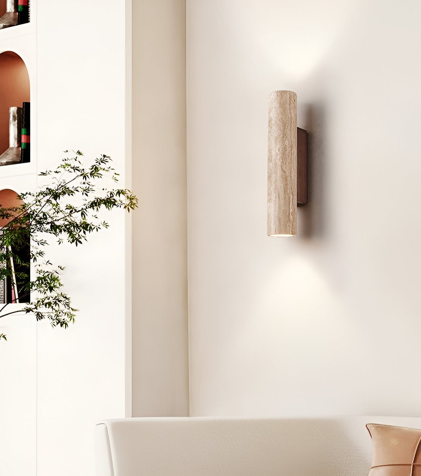 Japandi Collection | LED Wall Sconce Lighting with Beige Travertine & Wood Base | Modern Minimalist Design for Soft Ambient Illumination 0