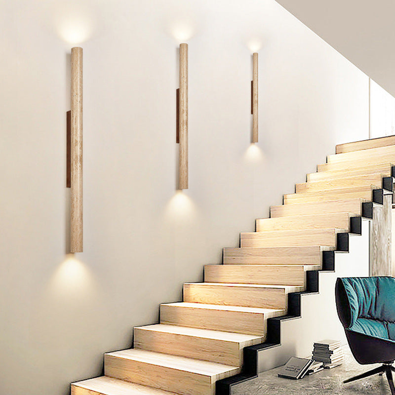 Japandi Collection | LED Wall Sconce Lighting with Beige Travertine & Wood Base | Modern Minimalist Design for Soft Ambient Illumination 7