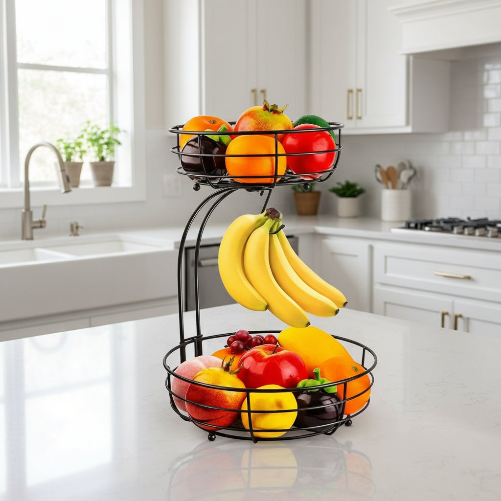 2 Tier Fruit Basket with Banana Holder, Fruit Bowl for Kitchen Storage, Kitchen Organiser for Fruit and Veg Storage