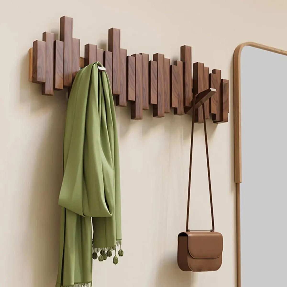 Wall Coat Rack, Wooden Coat Rack with Foldable Coat Hooks, Walnut or Beech Wood Piano Design for Hallway Storage_00