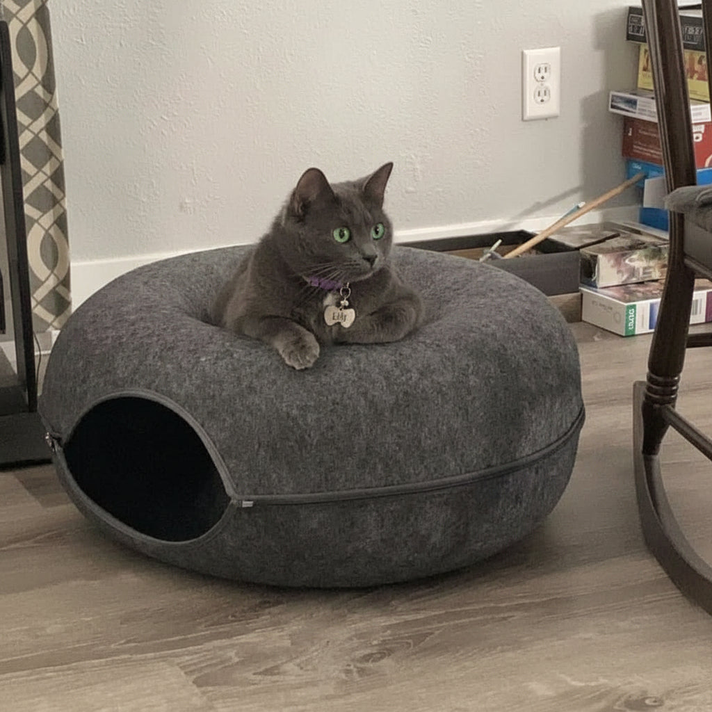 Cat Tunnel Bed with Plush Sleeping Area, Cat Beds for Indoor Cats, Cat Cave Bed with Non Slip Base_02