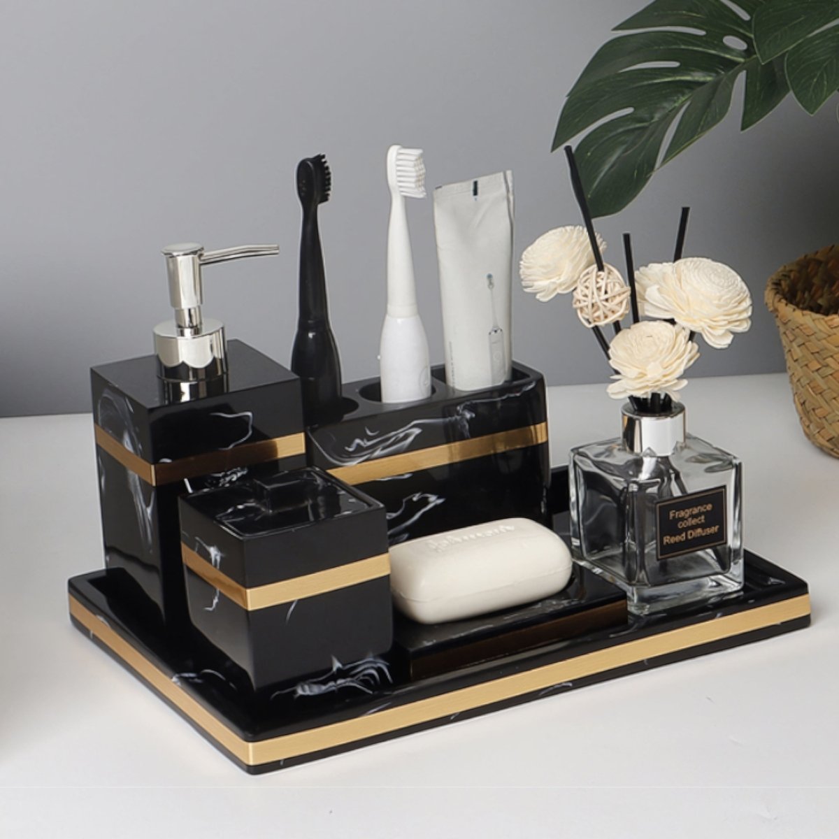 Black and Gold Bathroom Accessories Marble Look, Soap Dispenser, Toothbrush Holder, Soap Dish, Tissue Box, Bathroom Tray_02
