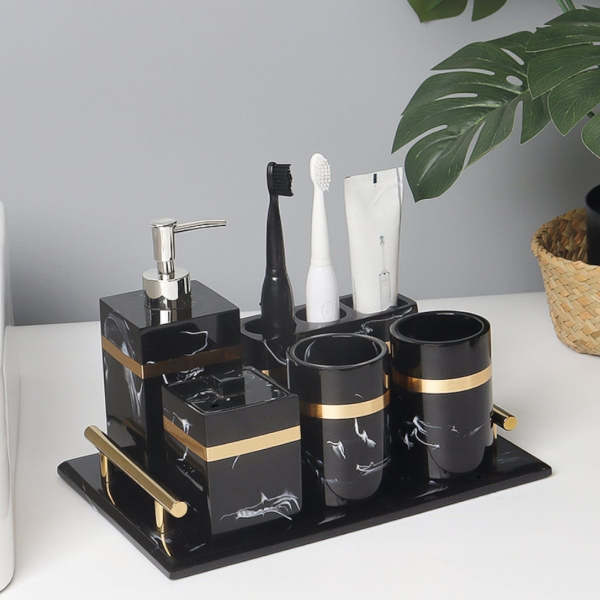 Black and Gold Bathroom Accessories Marble Look, Soap Dispenser, Toothbrush Holder, Soap Dish, Tissue Box, Bathroom Tray_03
