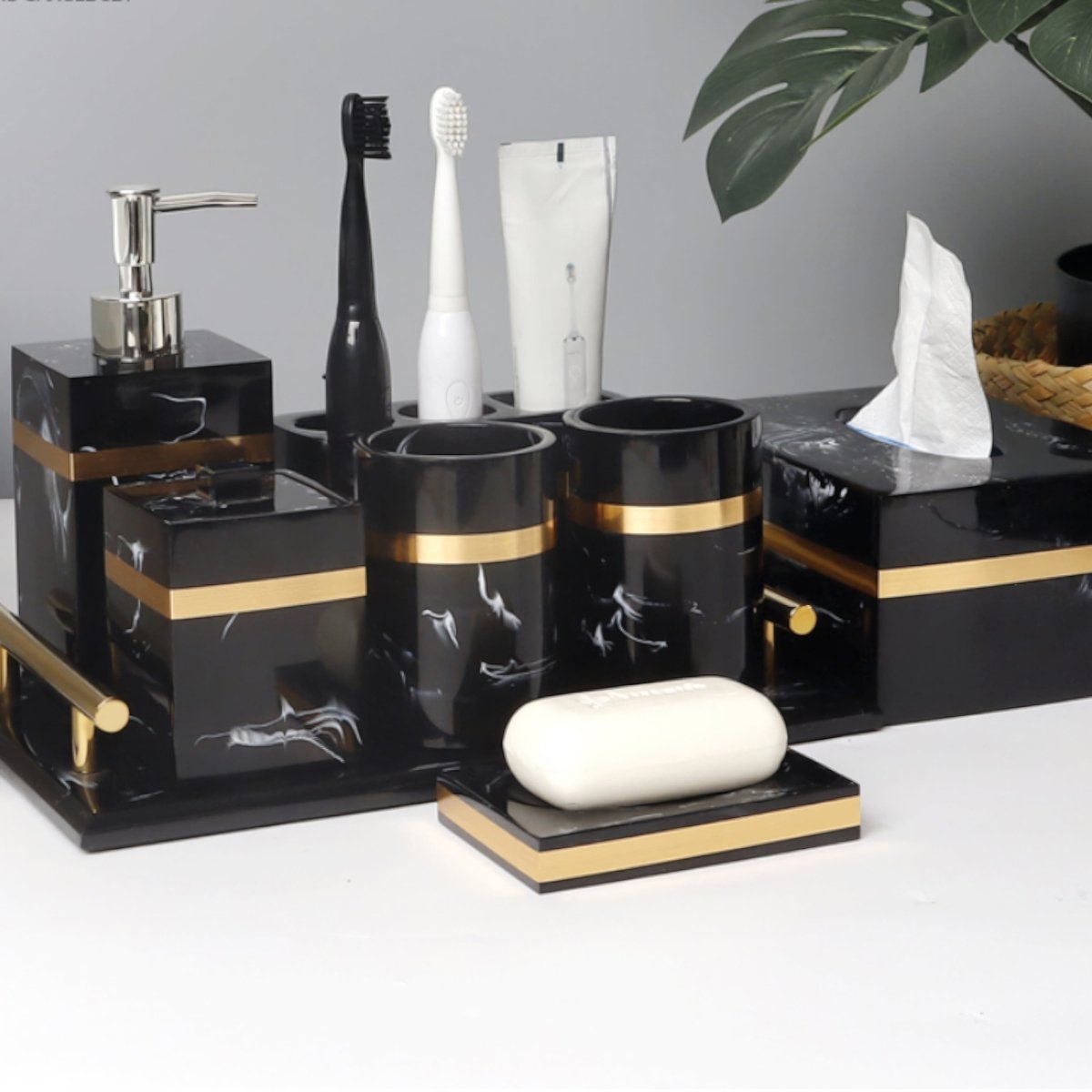 Black and Gold Bathroom Accessories Marble Look, Soap Dispenser, Toothbrush Holder, Soap Dish, Tissue Box, Bathroom Tray_05