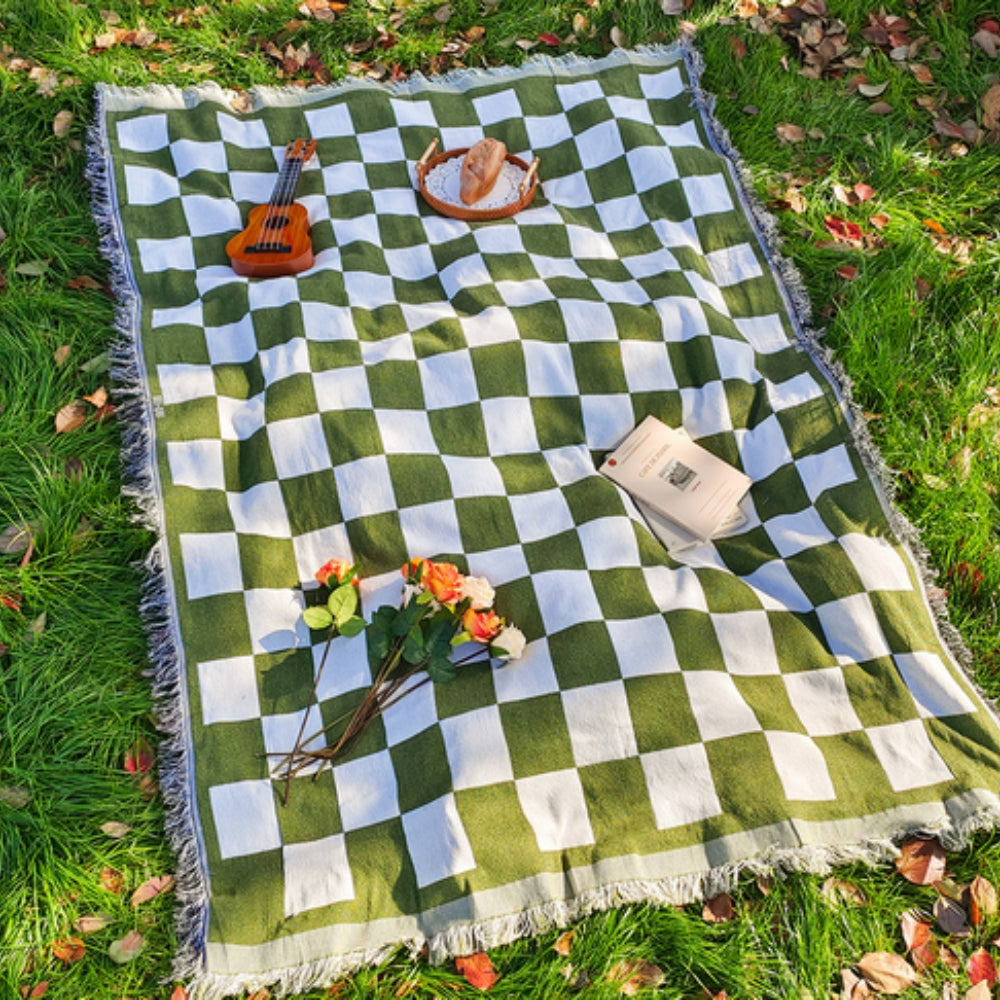 Large Checkered Picnic Blanket | Soft Microfiber with Stylish Fringe | Perfect Outdoor Mat for Relaxation 2