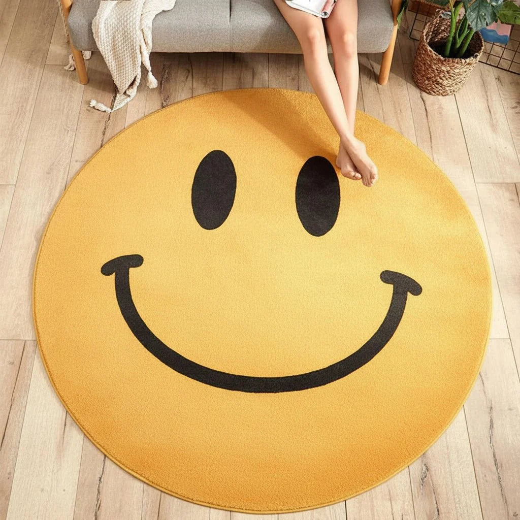 Washable Rugs, Smiley Face Round Rug for Kids, Living Room Rug, Childrens Bedroom Rug in Soft Fleece