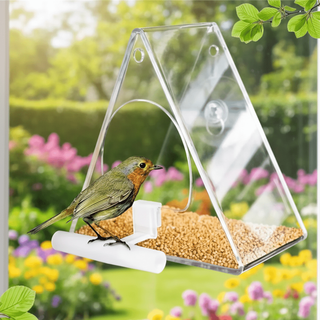 Bird Feeders, Clear Acrylic Wild Bird Feeder with Triangular Windbreak, Weatherproof Bird Feeder for Garden