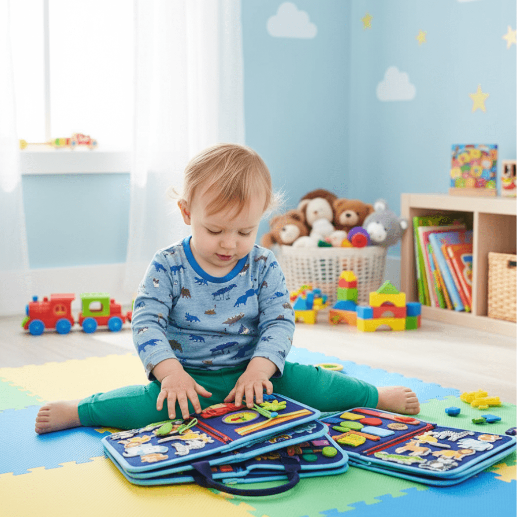 Montessori Busy Board for Babies, Felt Sensory Board with Zips and Buttons, Baby Toys, Montessori Toys for 6 Month Old