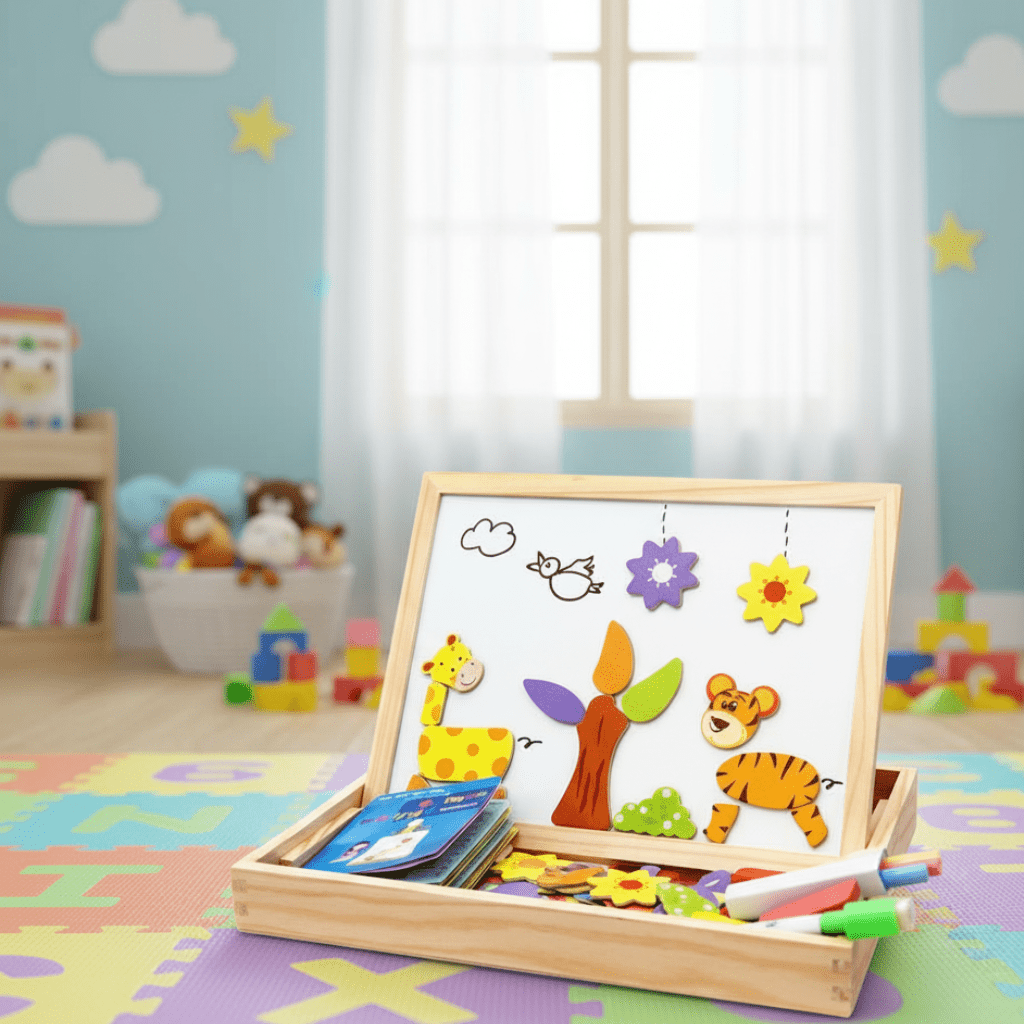 Magnetic Board for Kids, Drawing Board with Magnetic Cards, 3D Wooden Puzzle and Magnetic Game, Wooden Toys for Travel_00