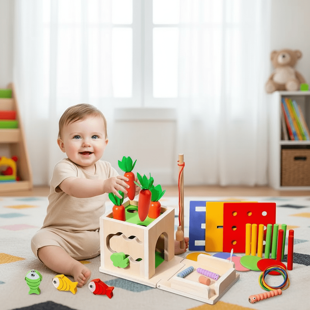 Wooden Activity Cube for Babies from 8 Months, 8 in 1 Montessori Toys, Sensory Toys and Wooden Toys for 1 Year Old