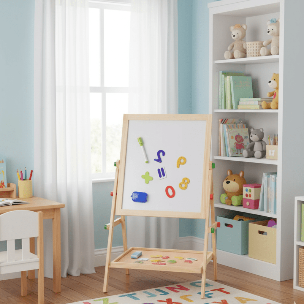 Childrens Easel, Double Sided Chalkboard and Whiteboard Easel, Height Adjustable Folding Wooden Art Easel