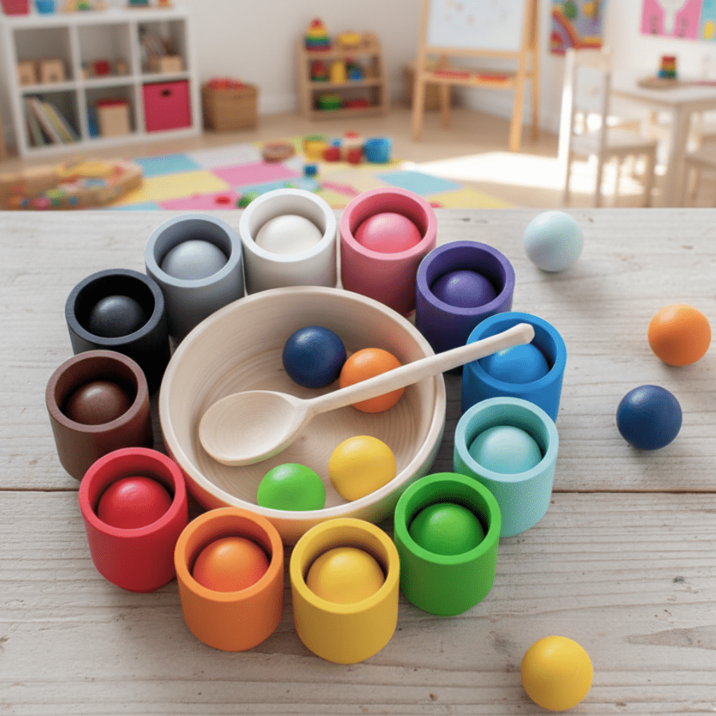 Sensory Toys for 3 Year Olds, Wooden Toy Colour Sorting Set with Balls and Cups, Educational Toys for Colours and Shapes