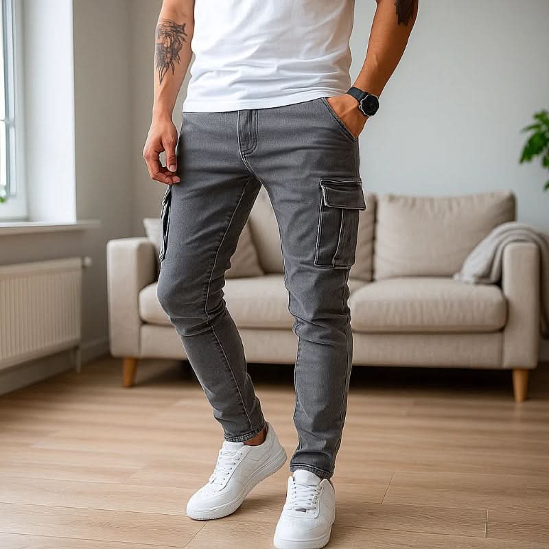 Mens Cargo Jeans, Slim Fit Stretch Mens Jeans with Pockets