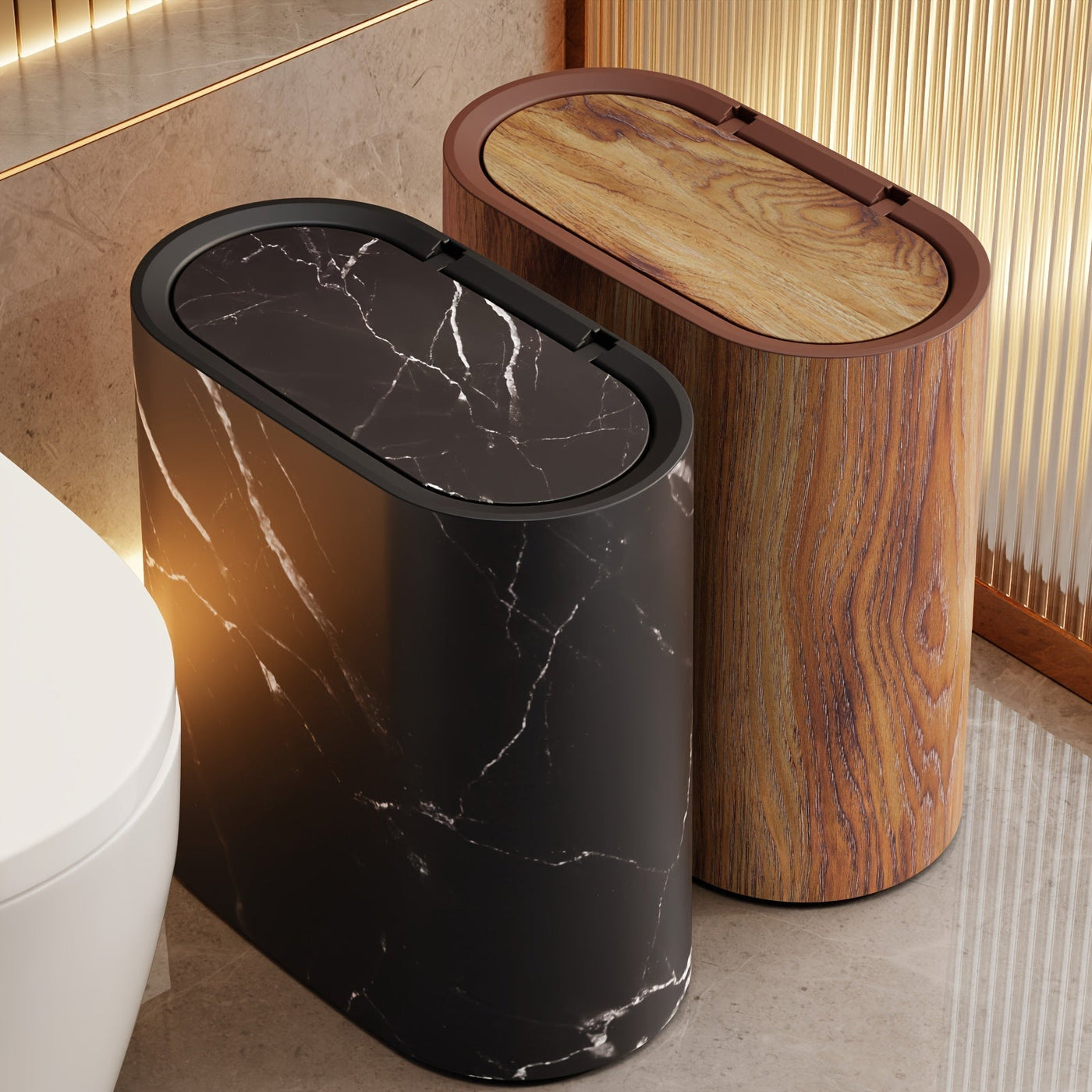 Modern Waste Bin | Slim Oval Trash Can with Covered Lid | Stylish Marble Finish for Compact Spaces 1