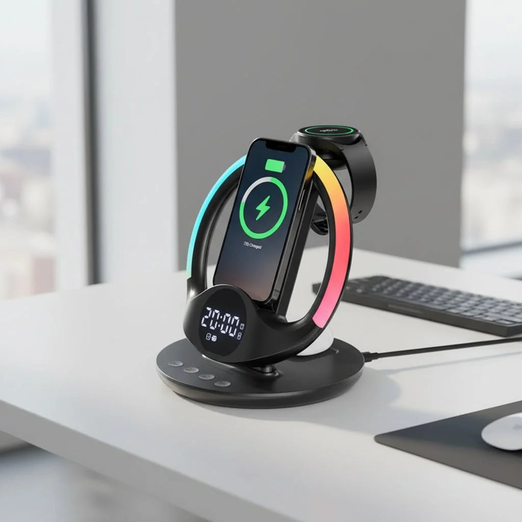 iPhone Charger 6 in 1, Samsung Wireless Charger, RGB Light and Alarm Clock, Charging Station for Phone and Watch_01