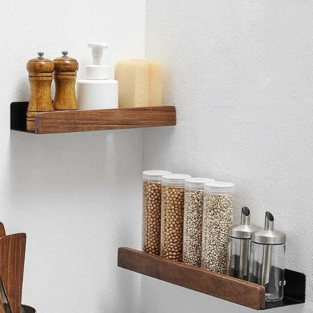 Corner Shelf for Bathroom Storage, Wooden Wall Shelves No Drilling, Rustic Wooden Shelf with Adhesive Mount_01