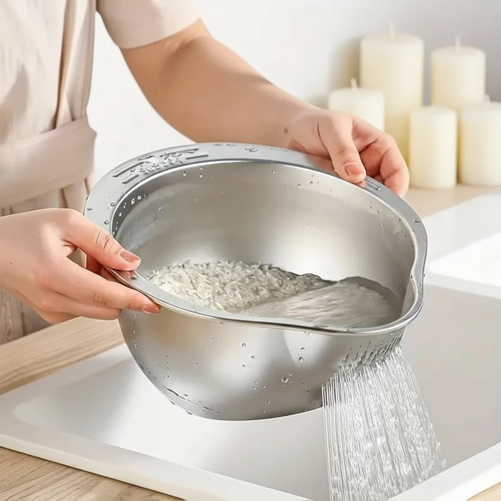 Stainless Steel Colander with Fine Holes, Rice Washing Bowl