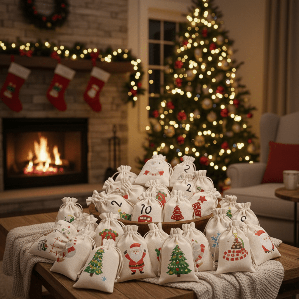 Fabric Advent Calendar with 24 Numbered Bags and Wooden Clips, DIY Christmas Countdown, Hanging Christmas Decorations