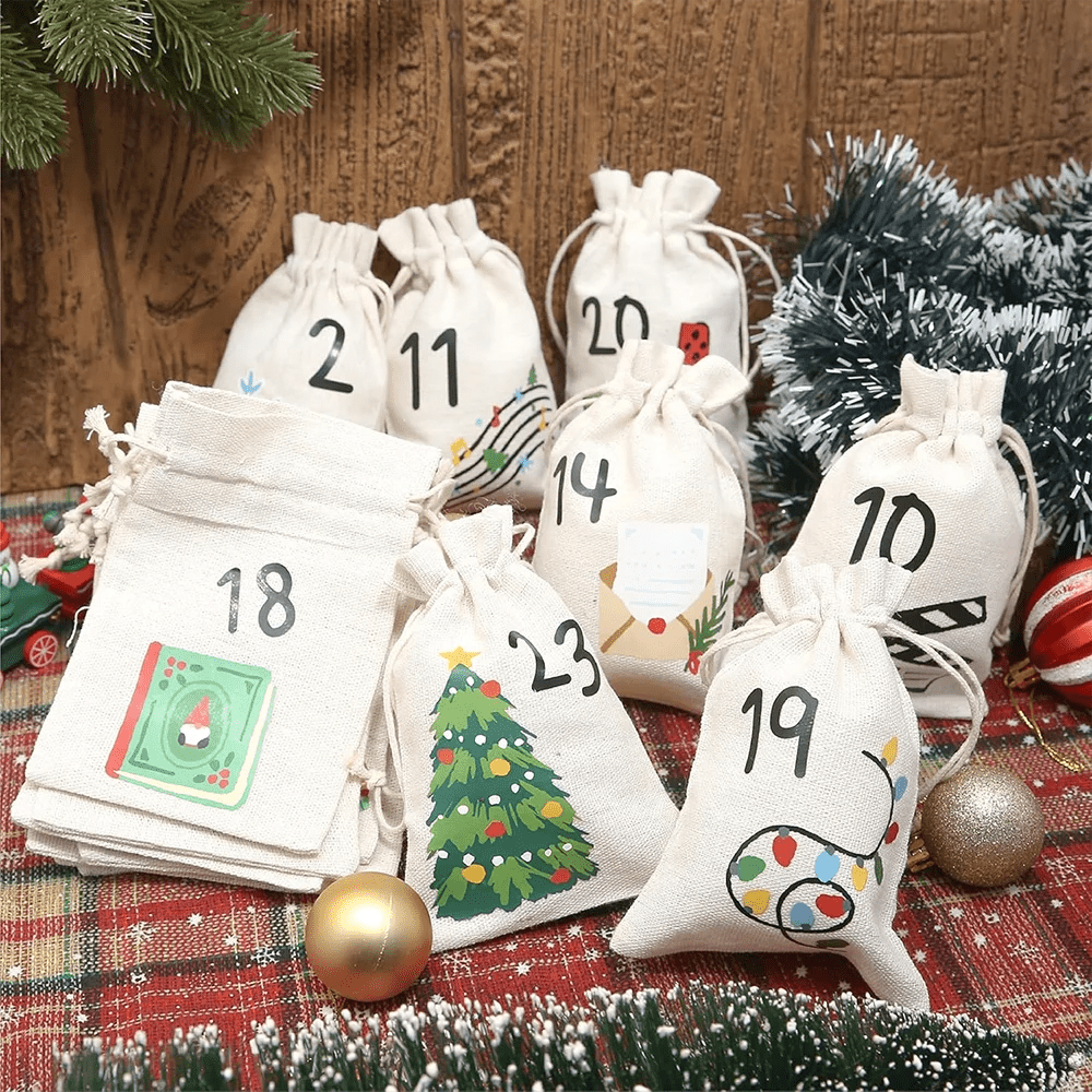 Fabric Advent Calendar with 24 Numbered Bags and Wooden Clips, DIY Christmas Countdown