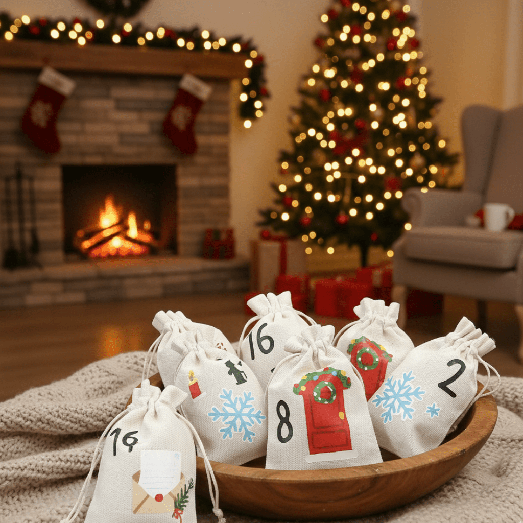 Fabric Advent Calendar with 24 Numbered Bags and Wooden Clips, DIY Christmas Countdown – image 4