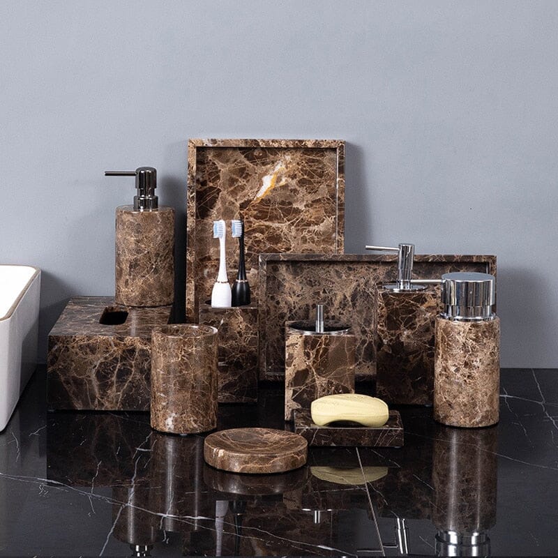 Bathroom Accessories Marble Look, Soap Dispenser, Toothbrush Holder, Soap Dish, Tissue Box, Bathroom Tray in Dark Brown_01
