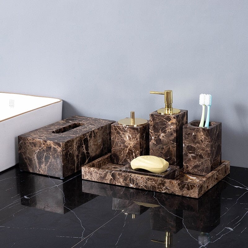 Bathroom Accessories Marble Look, Soap Dispenser, Toothbrush Holder, Soap Dish, Tissue Box, Bathroom Tray in Dark Brown_02