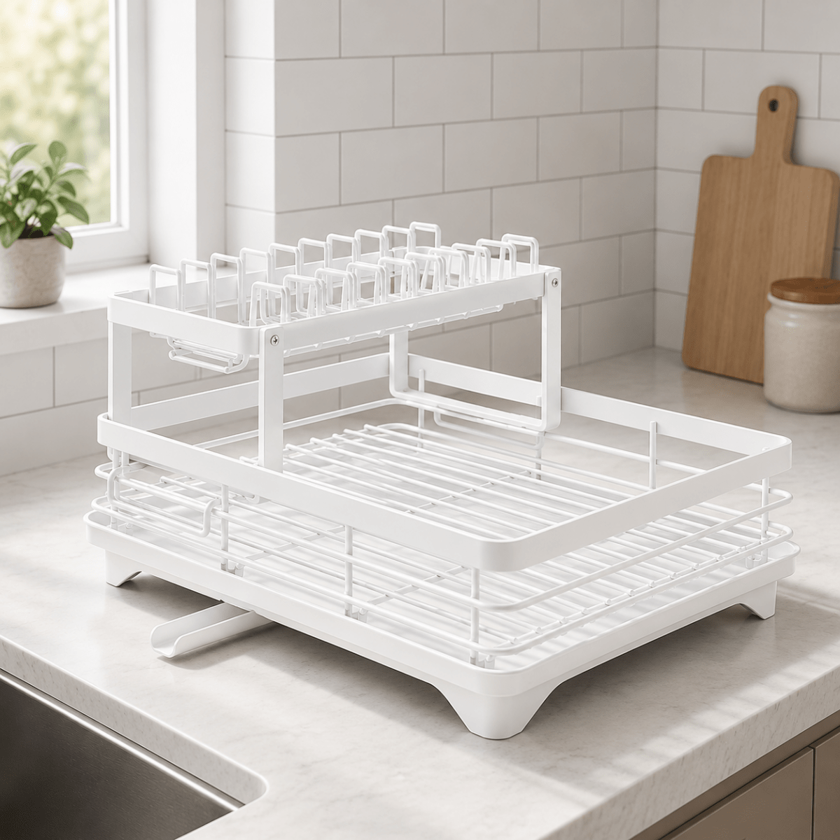 Dish Drying Rack Foldable, Stainless Steel Dish Drainer with Cutlery Holder