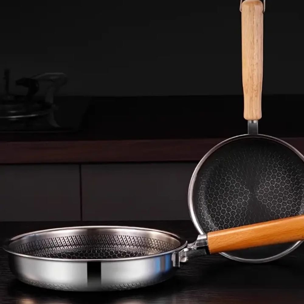 Stainless Steel Pan, Non Stick Frying Pan with Wooden Handle, Induction Pan for Gas and Electric Hobs_01