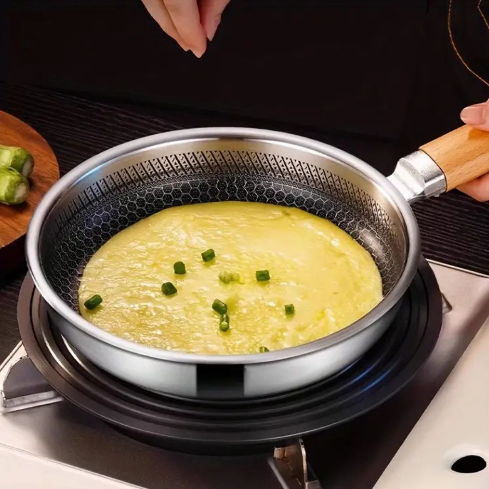 Stainless Steel Pan, Non Stick Frying Pan with Wooden Handle, Induction Pan for Gas and Electric Hobs_02
