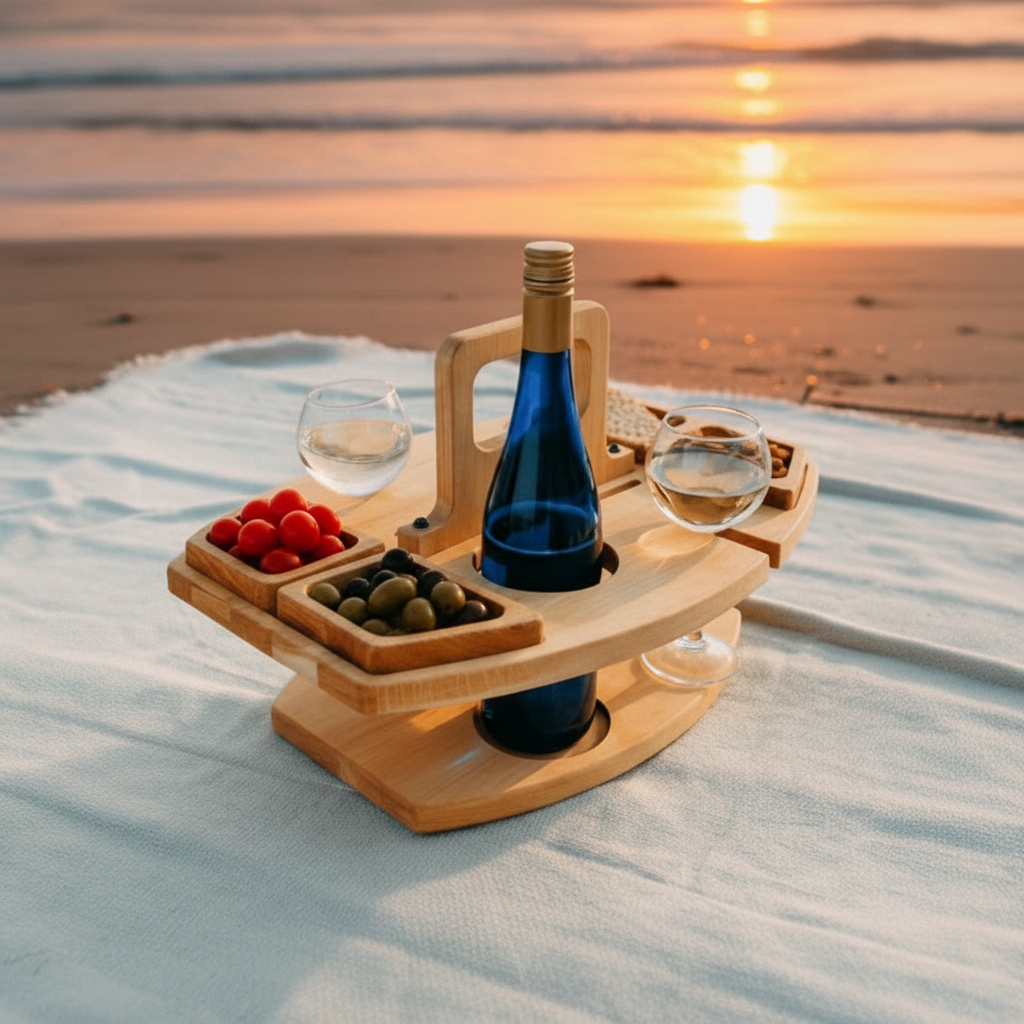Wooden Picnic Table, Small Outdoor Table with Wine Bottle and Wine Glass Holder, Portable Table for Garden and Beach_00