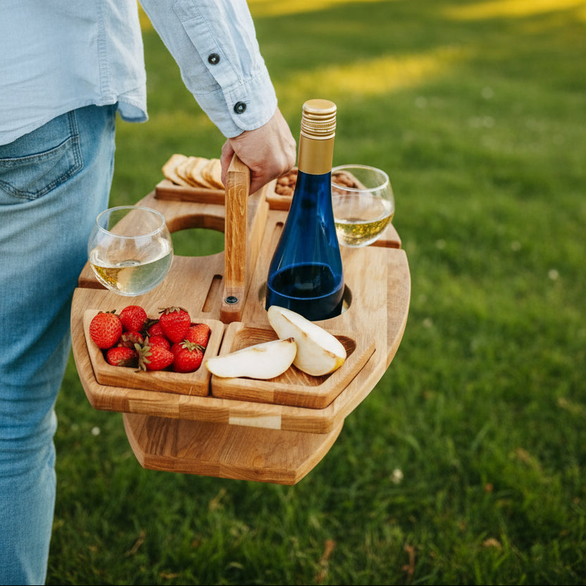 Wooden Picnic Table, Small Outdoor Table with Wine Bottle and Wine Glass Holder, Portable Table for Garden and Beach_03