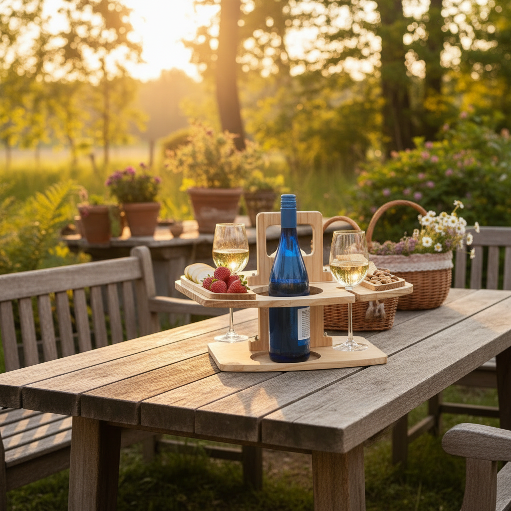 Wooden Picnic Table, Small Outdoor Table with Wine Bottle and Wine Glass Holder, Portable Table for Garden and Beach_04