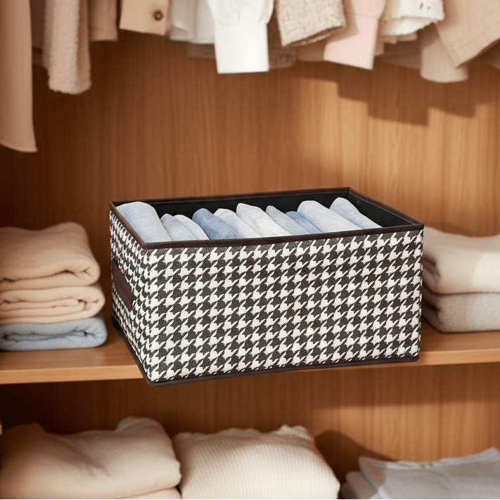 Storage Boxes with Compartments, Houndstooth Fabric Storage Box, Clothes Storage Box, Wardrobe Organiser_00