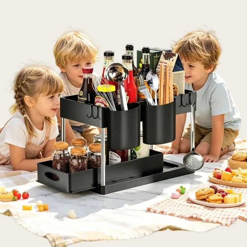 Bathroom Storage Under Sink Organiser, 2 Tier Storage Shelf with Hanging Cup