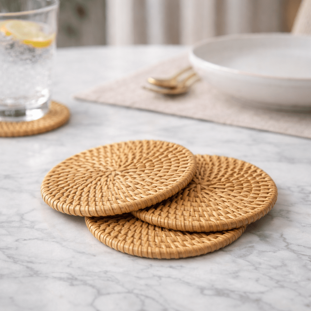 Drink Coasters, Woven Rattan Drink Coaster Set 8 cm, Heat Resistant Cup Coasters for Table Indoor and Outdoor_00